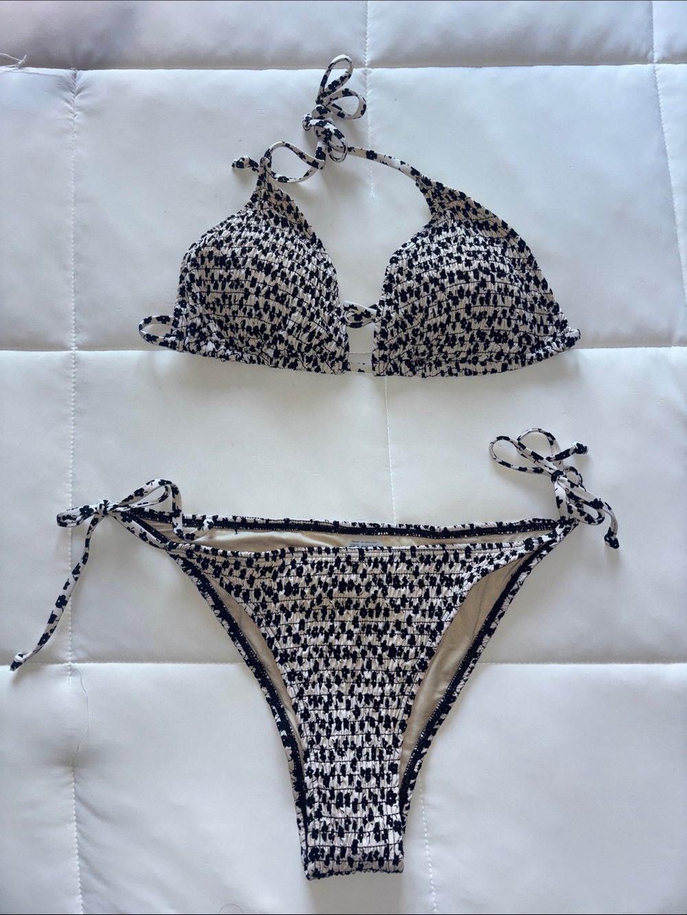 Smocked Black and Cream Tie-Side Triangle Bikini Set